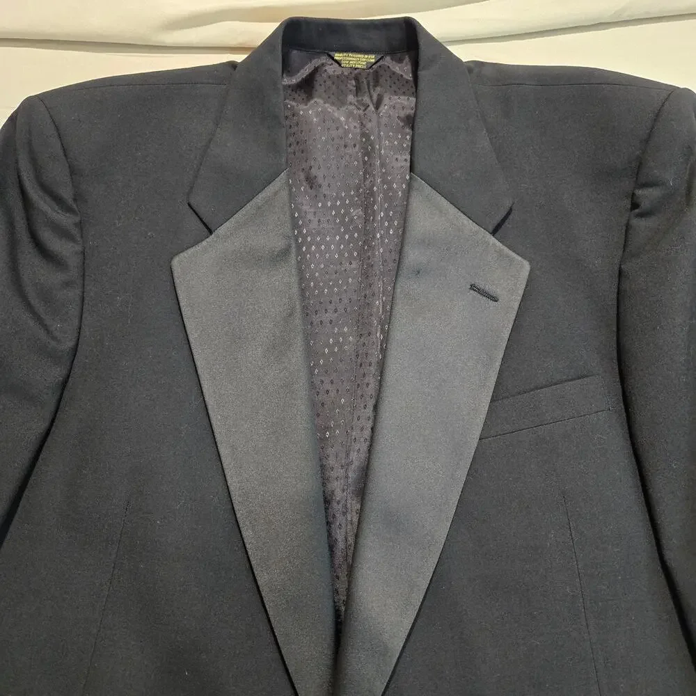 Vtg 80s Halston Tuxedo Jacket Black Wool Satin Made in USA Chest Size 42
